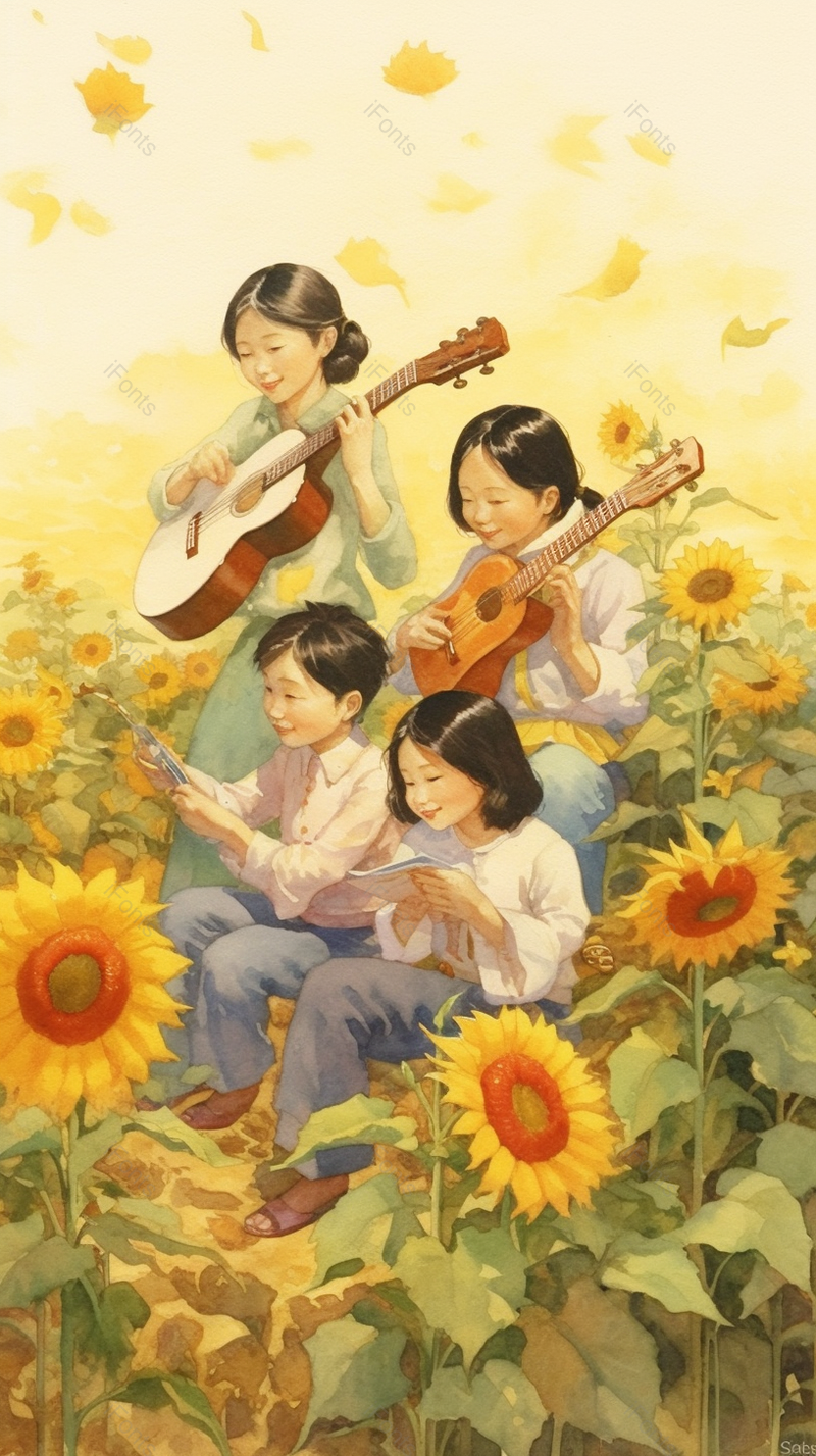 向日葵花田里游玩的小同学手绘插画竖版,插画/手绘图,插画/手绘图库,插画/手绘图下载,插画/手绘